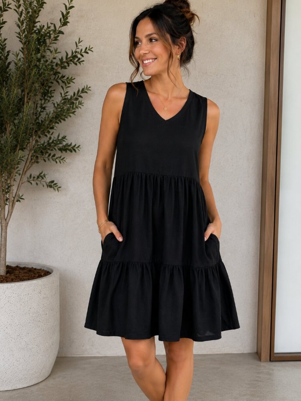 Matty M Black Linen Blend Tiered V Neck Dress XL NWT